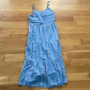 blue dress with pink and yellow stripes